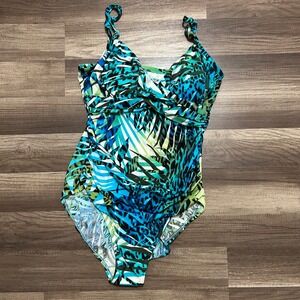 Trimshaper One Piece Swimsuit 12 Blue Green Tropical Leopard Excellent Ruched